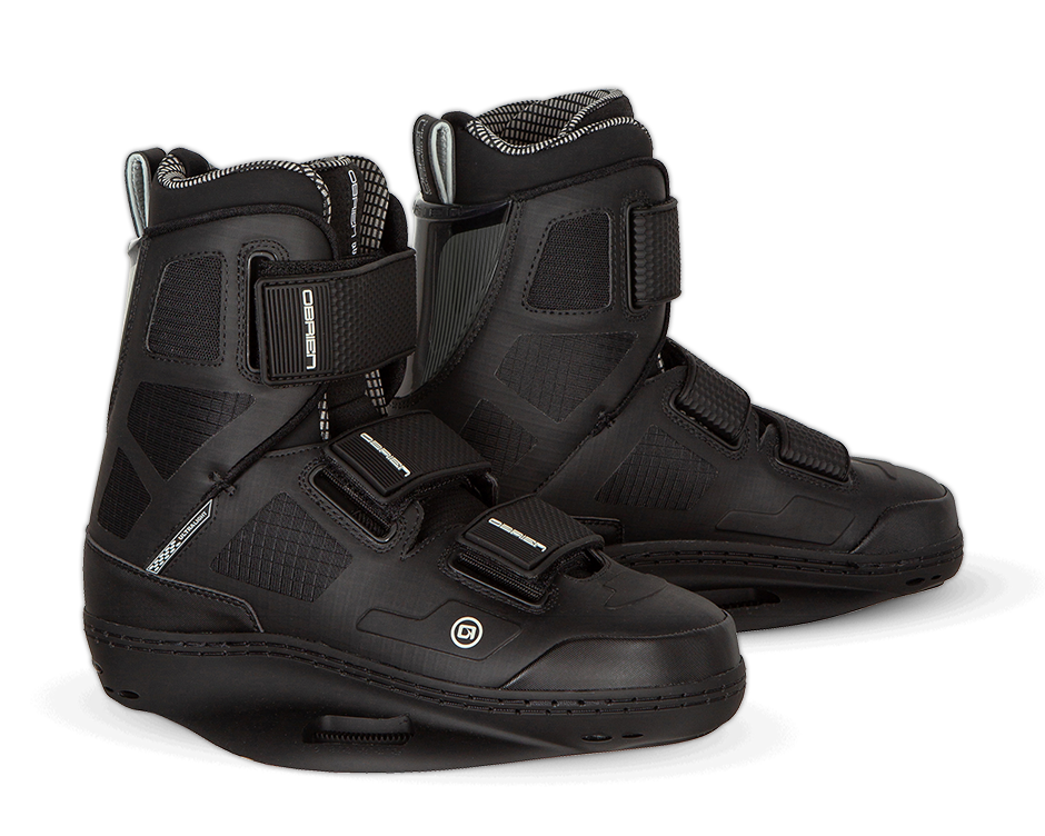 O'Brien Quattro Wakeboard Bindings in black with three adjustable straps, a high ankle cuff, and a sturdy baseplate.