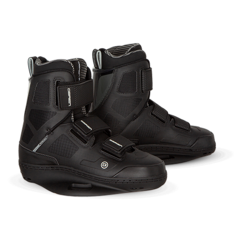 O'Brien Quattro Wakeboard Bindings in black with three adjustable straps, a high ankle cuff, and a sturdy baseplate.