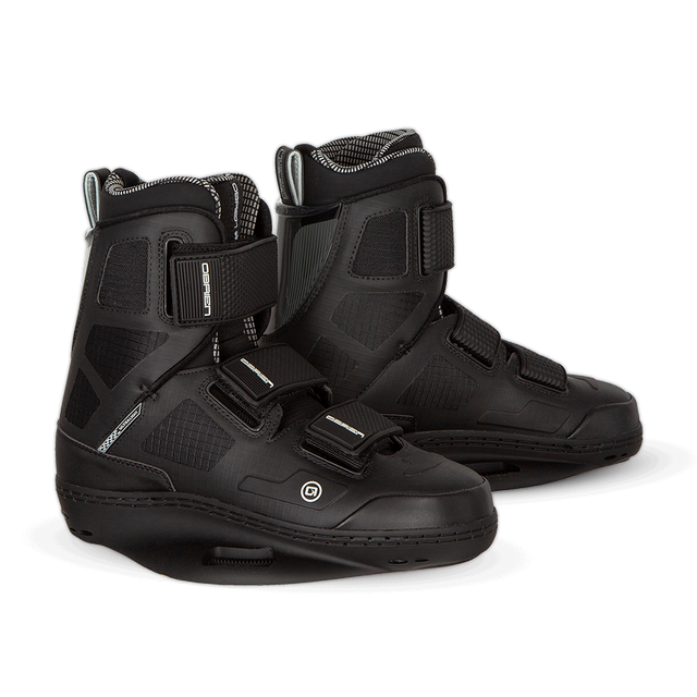 O'Brien Quattro Wakeboard Bindings in black with three adjustable straps, a high ankle cuff, and a sturdy baseplate.