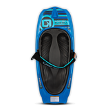 Top view of the O'Brien Radica Kneeboard in blue and black, featuring a molded seat, padded strap, and integrated fins.