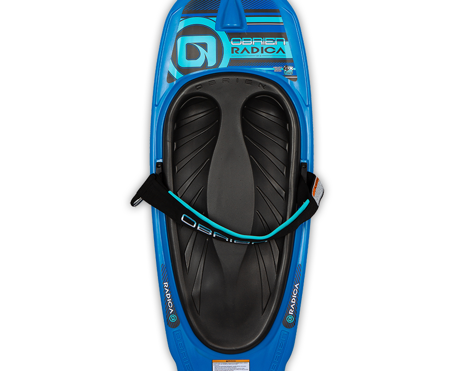 Top view of the O'Brien Radica Kneeboard in blue and black, featuring a molded seat, padded strap, and integrated fins.