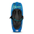 Top view of the O'Brien Radica Kneeboard in blue and black, featuring a molded seat, padded strap, and integrated fins.