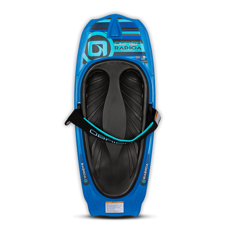 Top view of the O'Brien Radica Kneeboard in blue and black, featuring a molded seat, padded strap, and integrated fins.