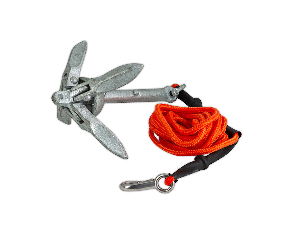 Foldable silver O'Brien SUP Anchor with an orange rope and metal clip for securing paddleboards.