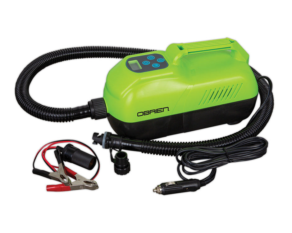 Green and black O'Brien SUP Electric Pump with digital controls, hose, and power adapters.