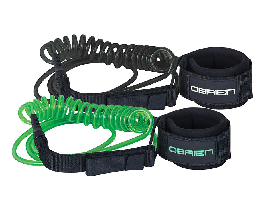 Coiled black and green O'Brien SUP leash with adjustable ankle straps for a secure fit.