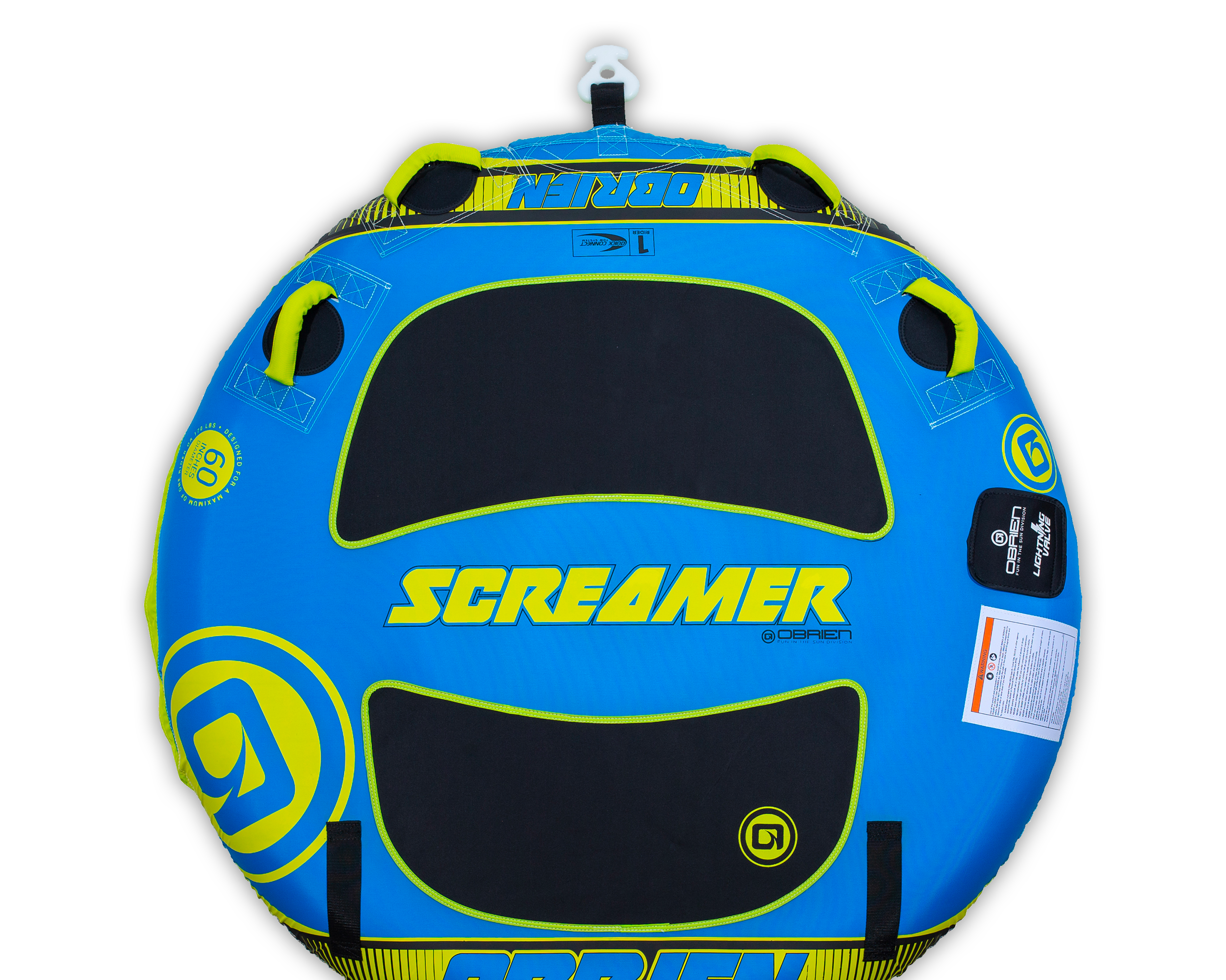 Top view of the round blue and black O'Brien Screamer, a single-rider towable tube with four handles.