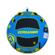 Top view of the round blue and black O'Brien Screamer, a single-rider towable tube with four handles.