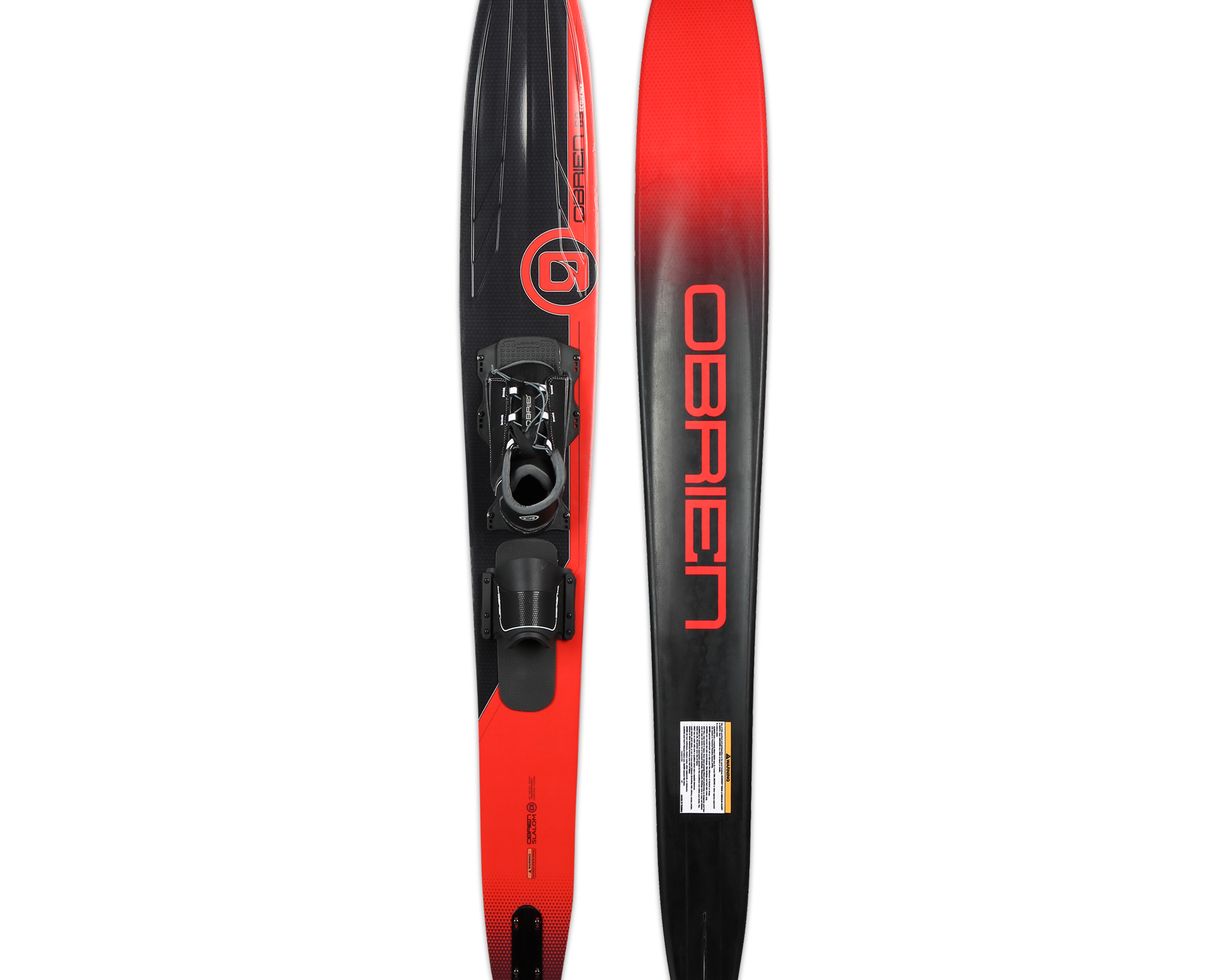 Top and base view of the O'Brien Sequence with Z9 Bindings, featuring a red-to-black gradient and an adjustable binding.