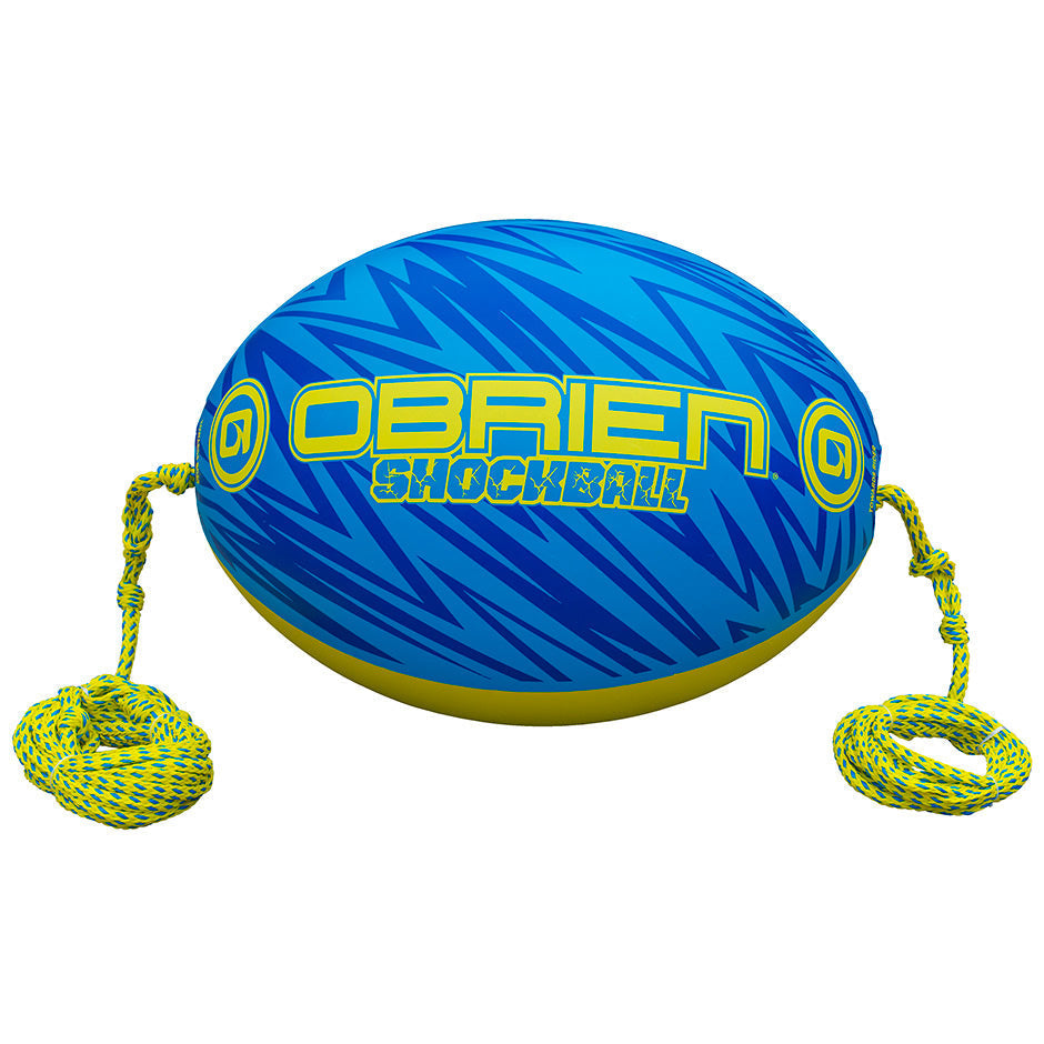 O'Brien ShockBall, an oval blue and yellow inflatable with a zigzag pattern and two yellow ropes attached on either side.
