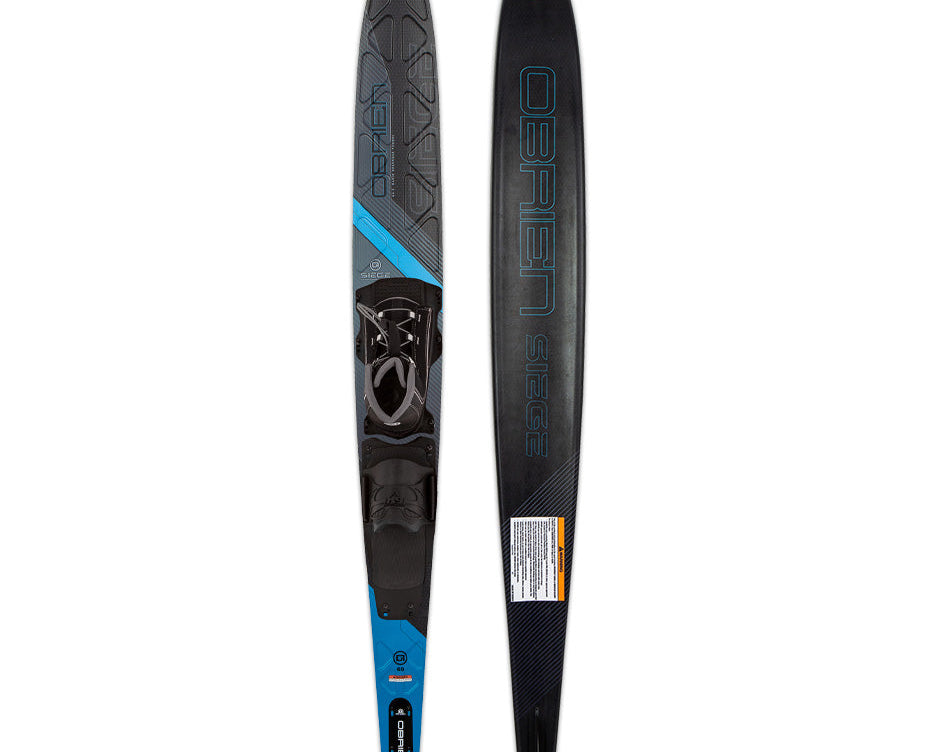 O'Brien Siege 64.5" Slalom Waterski with Z9 binding, shown from the top and base, featuring an adjustable binding.