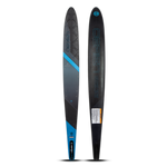 Top and base view of the O'Brien Siege 64.5" Slalom Waterskis with a black design, blue accents, and textured footbed.