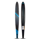 Top and base view of the O'Brien Siege 64.5" Slalom Waterskis with a black design, blue accents, and textured footbed.