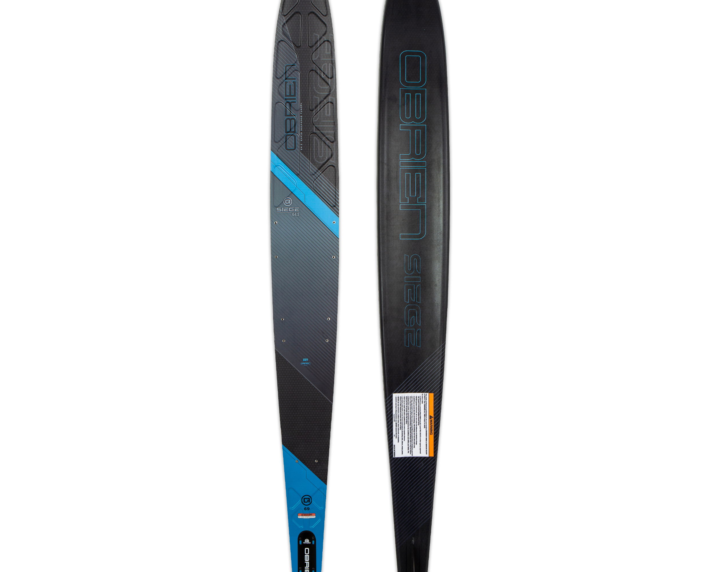 Top and base view of the O'Brien Siege 64.5" Slalom Waterskis with a black design, blue accents, and textured footbed.