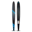 Top and base view of the O'Brien Siege 64.5" Slalom Waterskis with a black design, blue accents, and textured footbed.