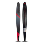 Top and base view of the O'Brien Siege 66" Slalom Waterskis with a black design, red accents, and textured footbed.