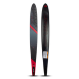 Top and base view of the O'Brien Siege 66" Slalom Waterskis with a black design, red accents, and textured footbed.