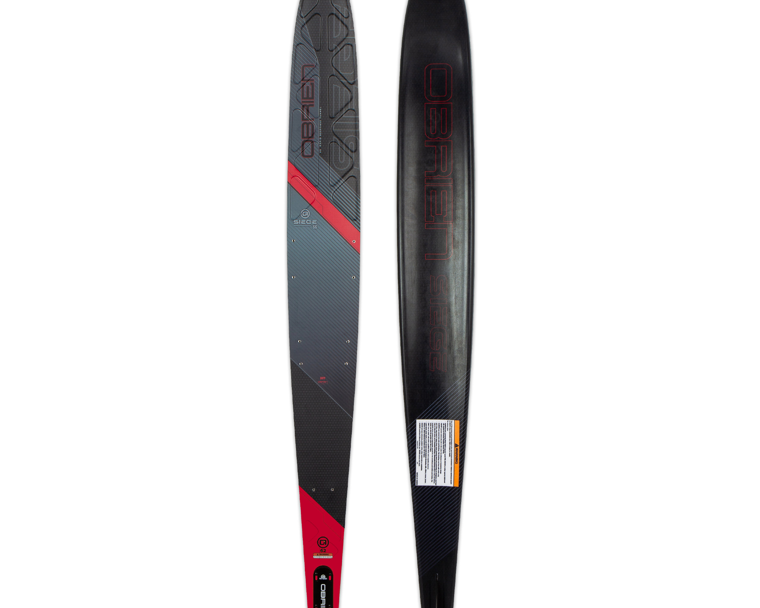 Top and base view of the O'Brien Siege 66" Slalom Waterskis with a black design, red accents, and textured footbed.