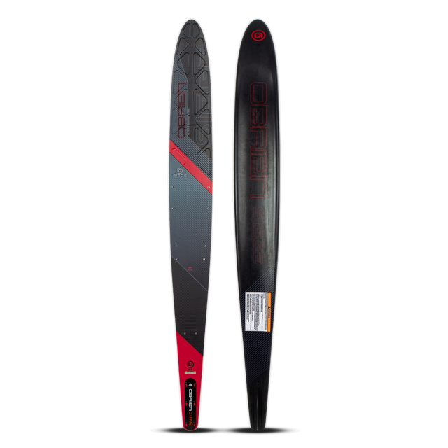 Top and base view of the O'Brien Siege 66" Slalom Waterskis with a black design, red accents, and textured footbed.
