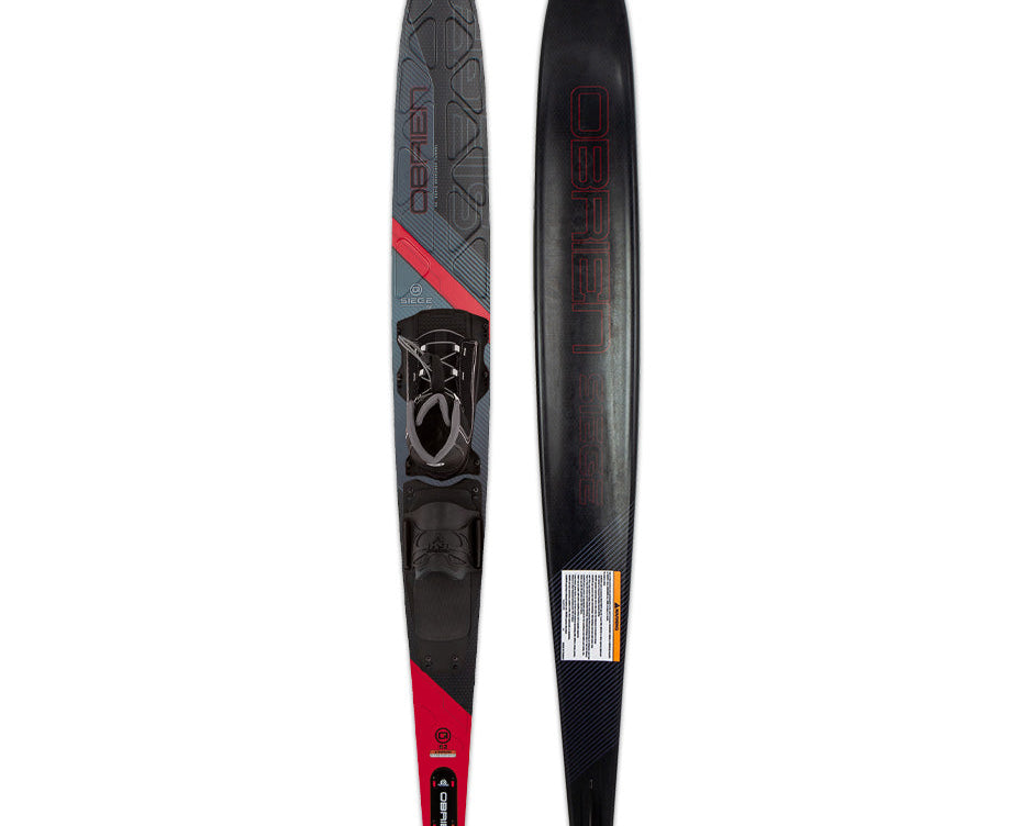 O'Brien Siege 66" Slalom Waterski with Z9 binding, shown from the top and base, featuring an adjustable binding.