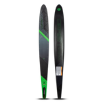 Top and base view of the O'Brien Siege 67.5" Slalom Waterskis with a black design, green accents, and textured footbed.