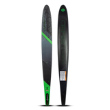 Top and base view of the O'Brien Siege 67.5" Slalom Waterskis with a black design, green accents, and textured footbed.