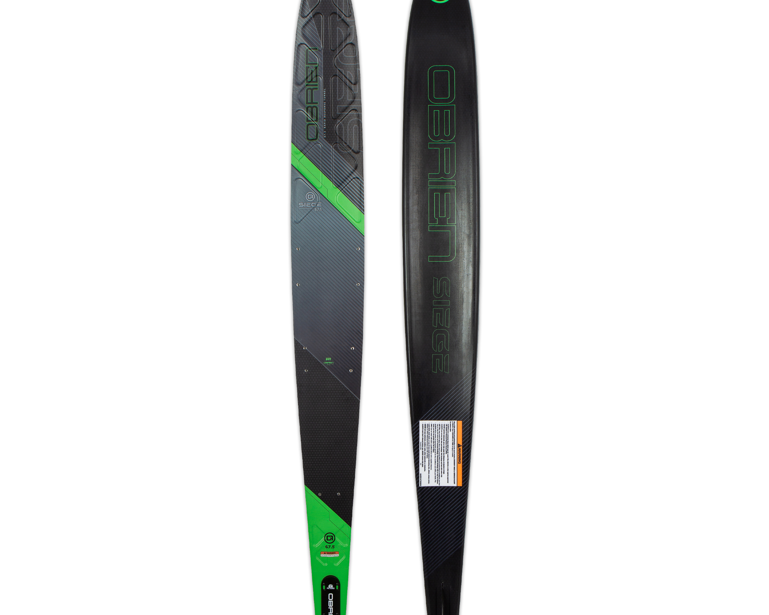 Top and base view of the O'Brien Siege 67.5" Slalom Waterskis with a black design, green accents, and textured footbed.