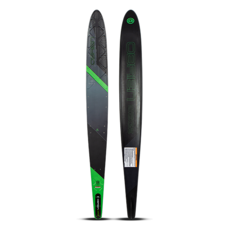 Top and base view of the O'Brien Siege 67.5" Slalom Waterskis with a black design, green accents, and textured footbed.