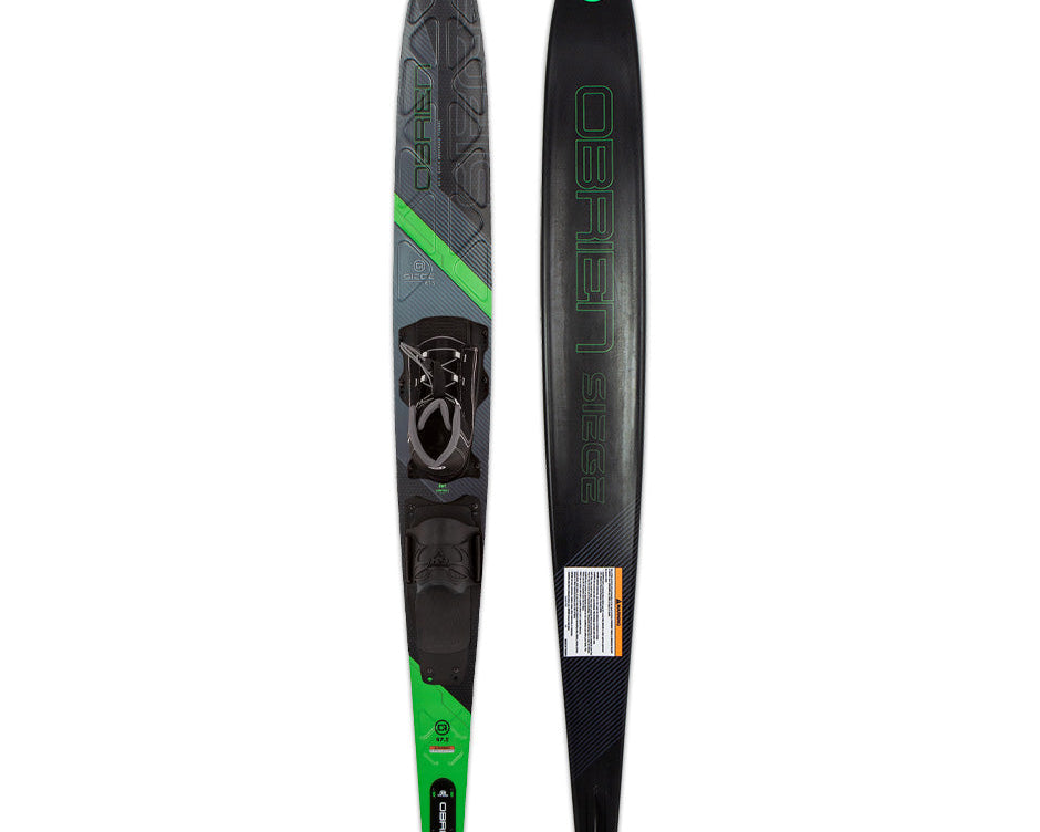 O'Brien Siege 67.5" Slalom Waterski with Z9 binding, shown from the top and base, featuring an adjustable binding.