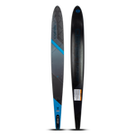 Top and base view of the O'Brien Siege 69" Slalom Waterskis with a black design, blue accents, and textured footbed.