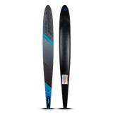 Top and base view of the O'Brien Siege 69" Slalom Waterskis with a black design, blue accents, and textured footbed.