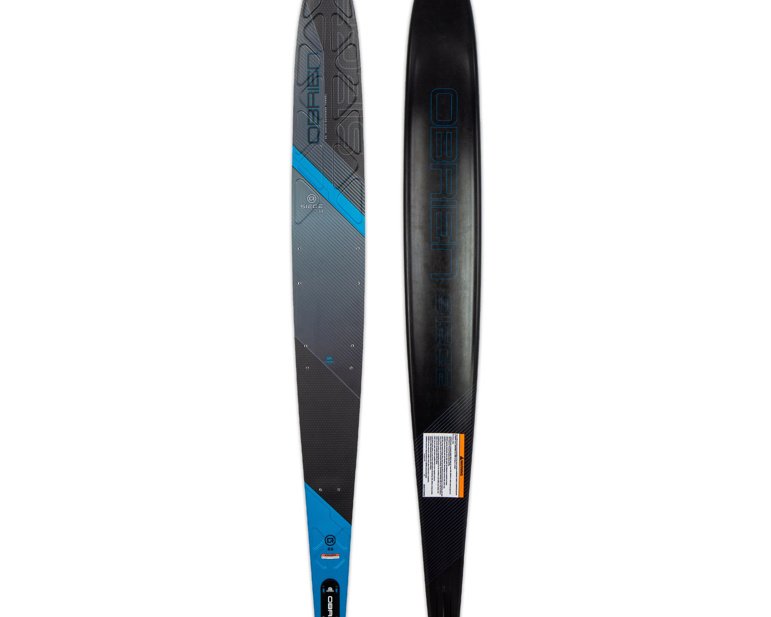 Top and base view of the O'Brien Siege 69" Slalom Waterskis with a black design, blue accents, and textured footbed.