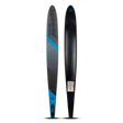 Top and base view of the O'Brien Siege 69" Slalom Waterskis with a black design, blue accents, and textured footbed.