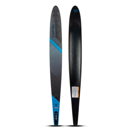 Top and base view of the O'Brien Siege 69" Slalom Waterskis with a black design, blue accents, and textured footbed.