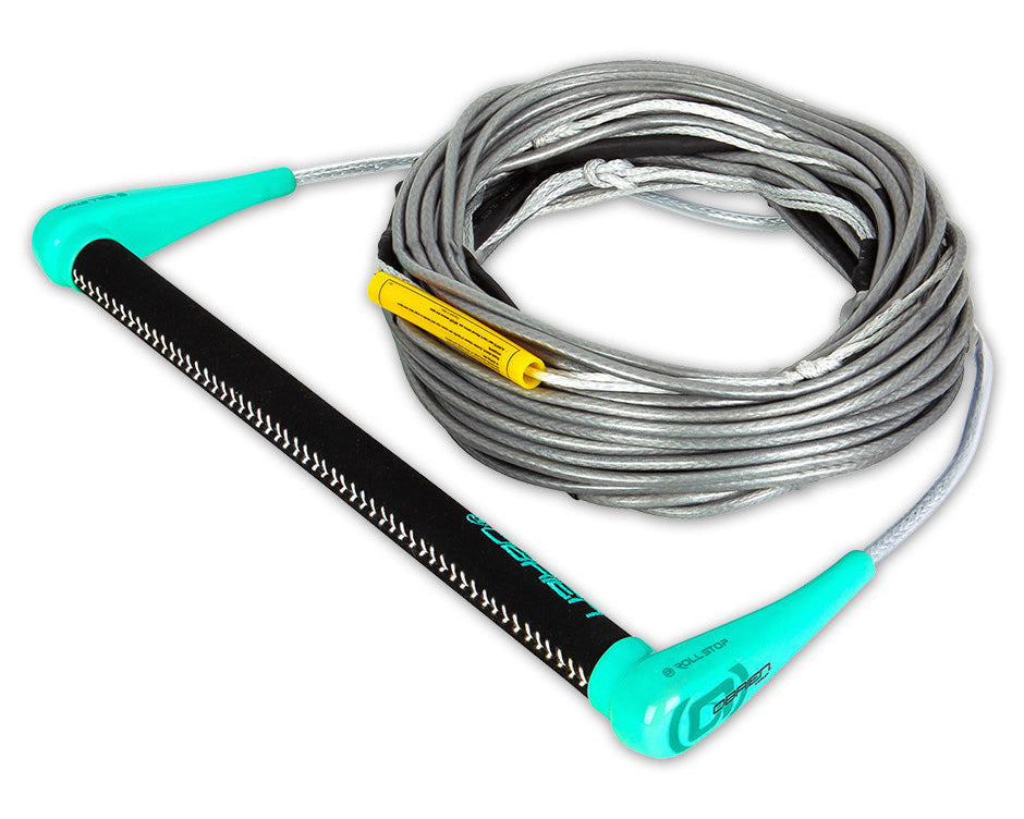 Angled view of the O'Brien Small Diameter Comp Handle with Silicone Line Combo, with a teal handle with a gray rope.