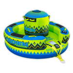 Angled view of the O'Brien Sombrero Towable Tube in blue, green, and black, with a central seat and cushioned outer ring.