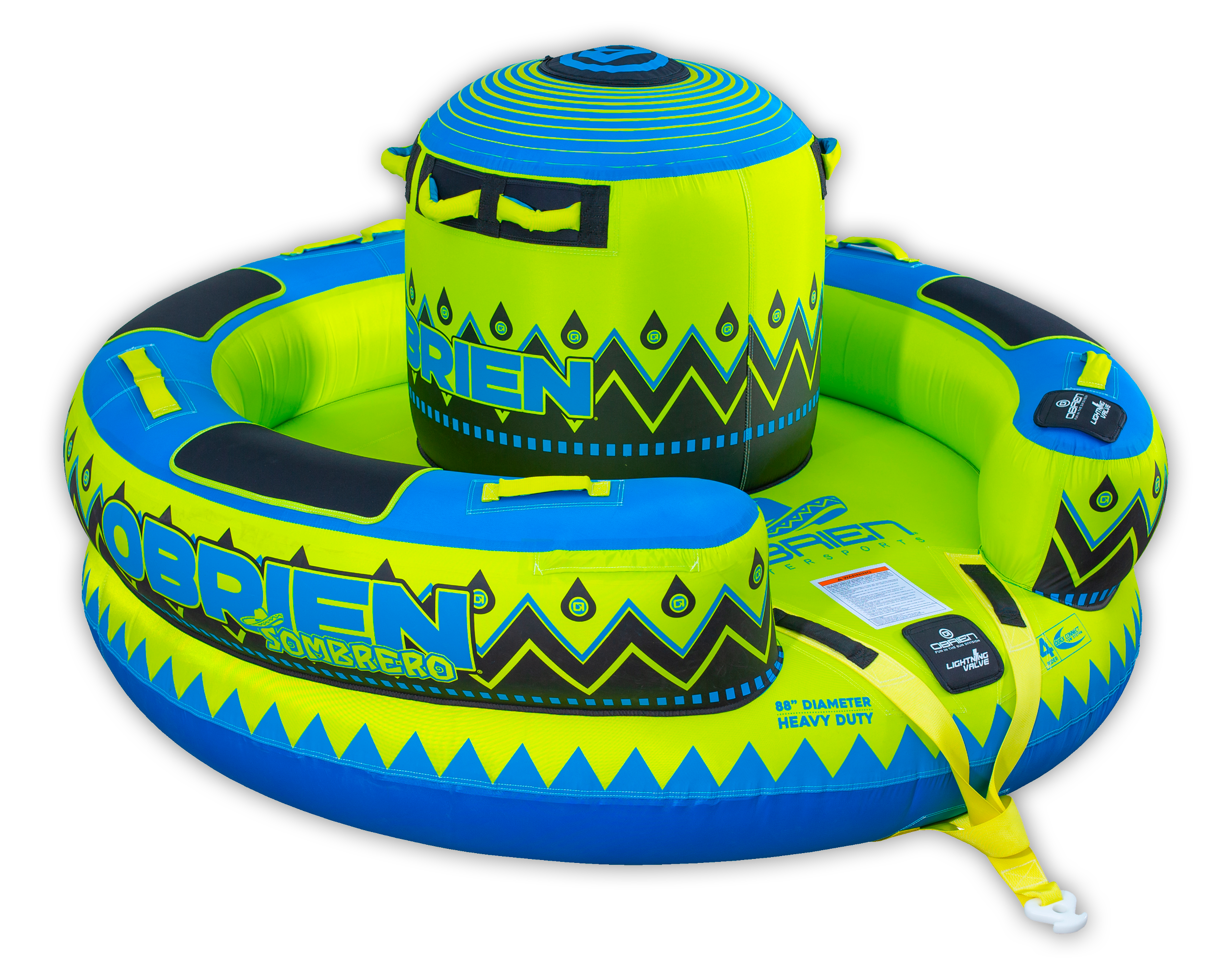 Angled view of the O'Brien Sombrero Towable Tube in blue, green, and black, with a central seat and cushioned outer ring.