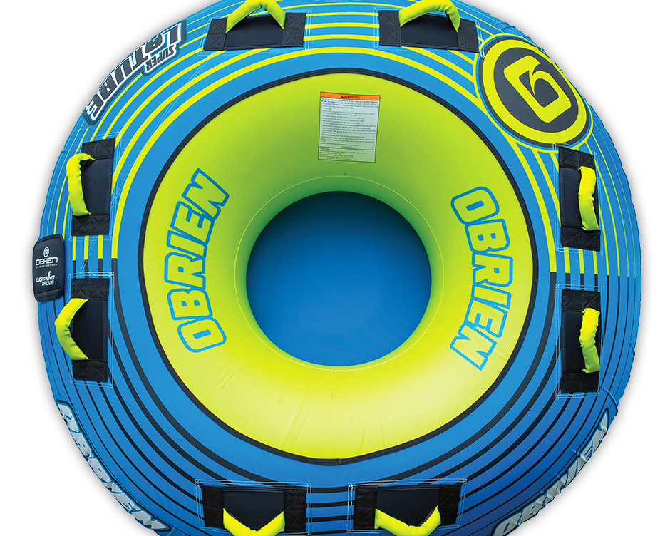 Top view of the O'Brien Super LeTube Towable Tube, a large blue and yellow inflatable with multiple black handles.