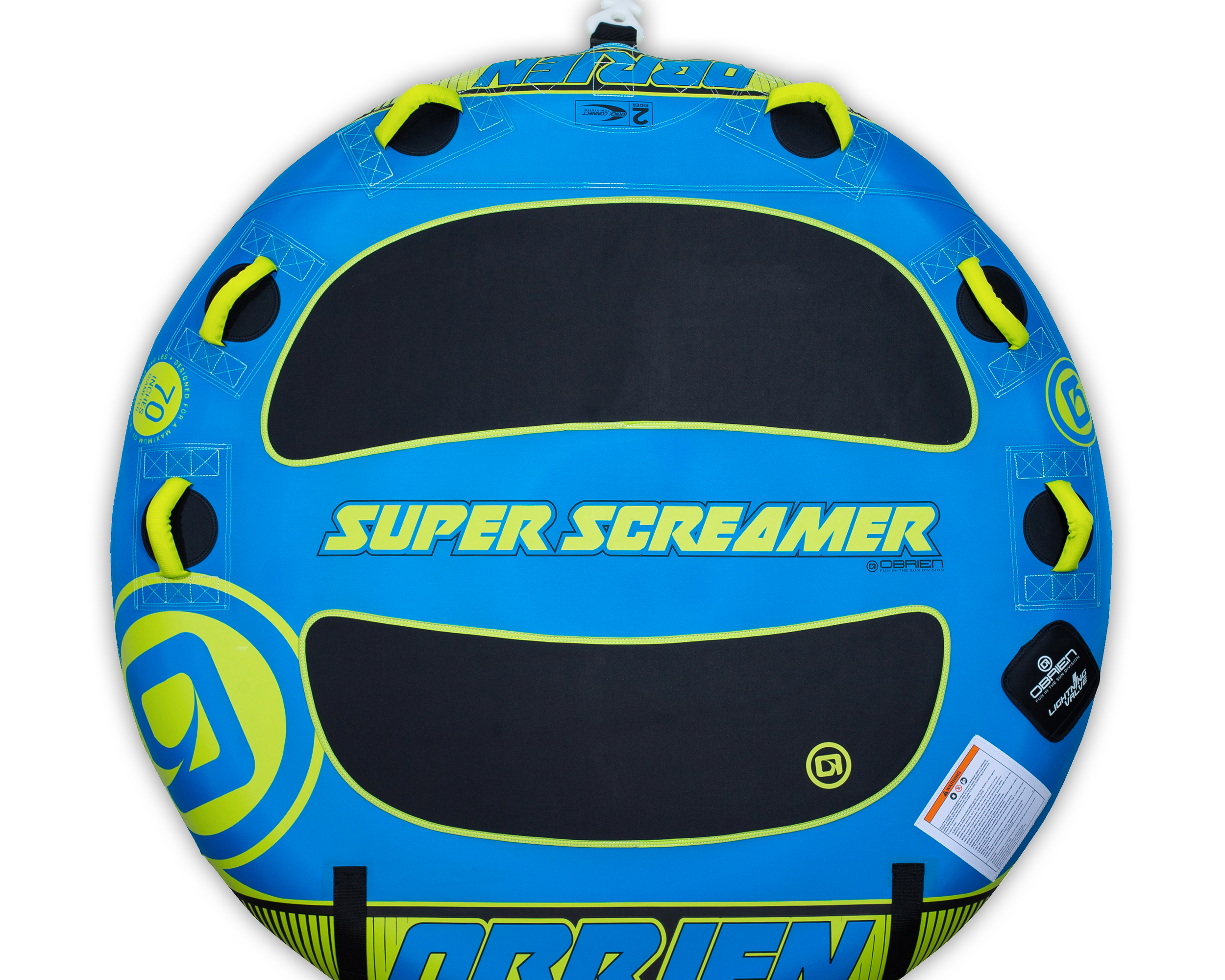 O'Brien Super Screamer Boat Tube in blue with black and yellow, featuring four handles and bold "Super Screamer" text.