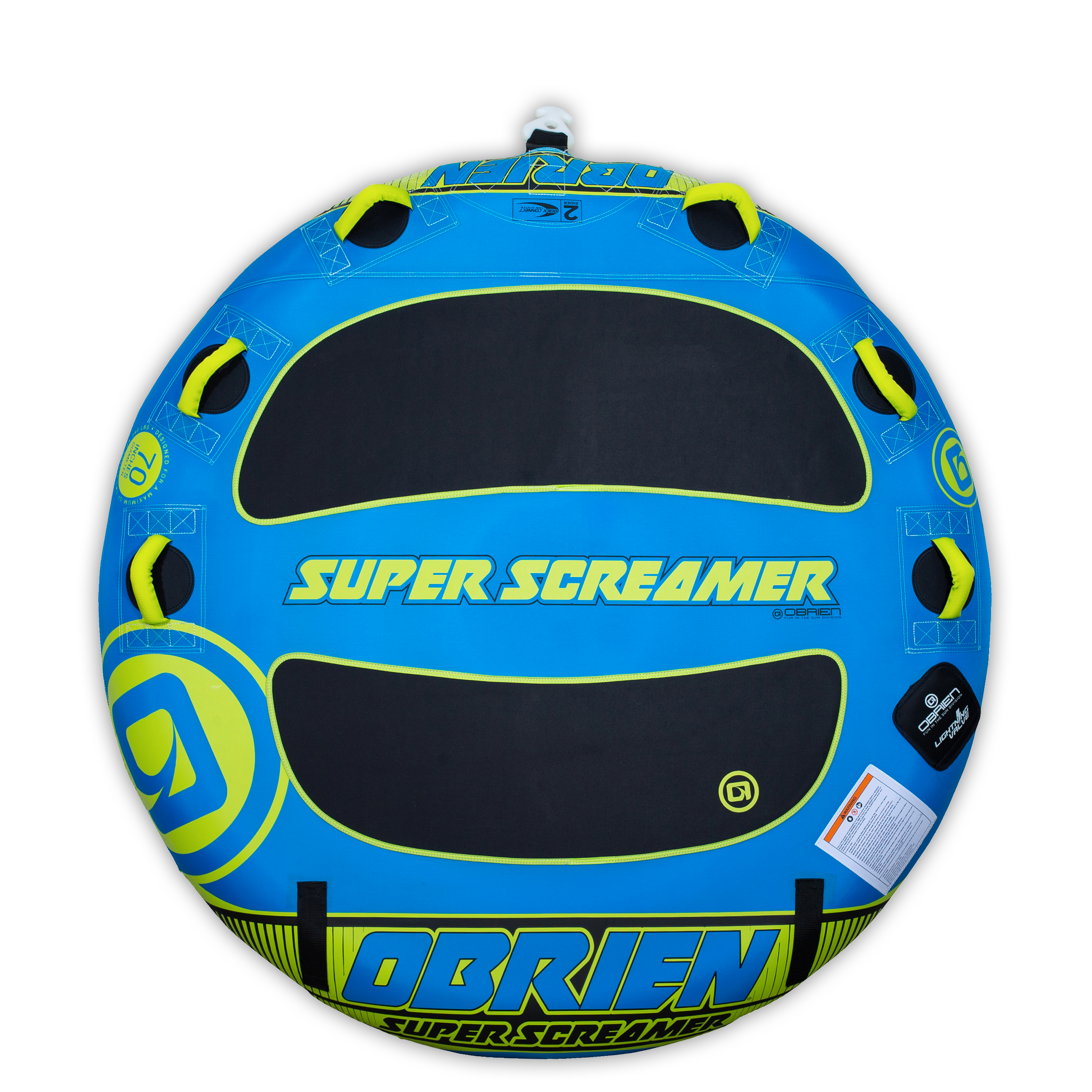 O'Brien Super Screamer Boat Tube in blue with black and yellow, featuring four handles and bold "Super Screamer" text.