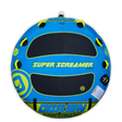 O'Brien Super Screamer Boat Tube in blue with black and yellow, featuring four handles and bold "Super Screamer" text.
