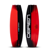O'Brien System Wakeboard top and base view in red and black, with a glossy finish and deep channels.