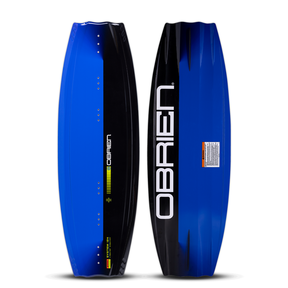 O'Brien System Wakeboard top and base view in blue and black, featuring bold branding and aggressive channeling.