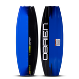 O'Brien System Wakeboard top and base view in blue and black, featuring bold branding and aggressive channeling.