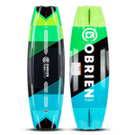 O'Brien System Wakeboard 140, top and bottom view, green, black, and blue design with bold branding and sharp edges.