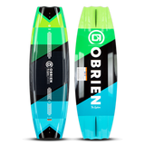 O'Brien System Wakeboard 140, top and bottom view, green, black, and blue design with bold branding and sharp edges.