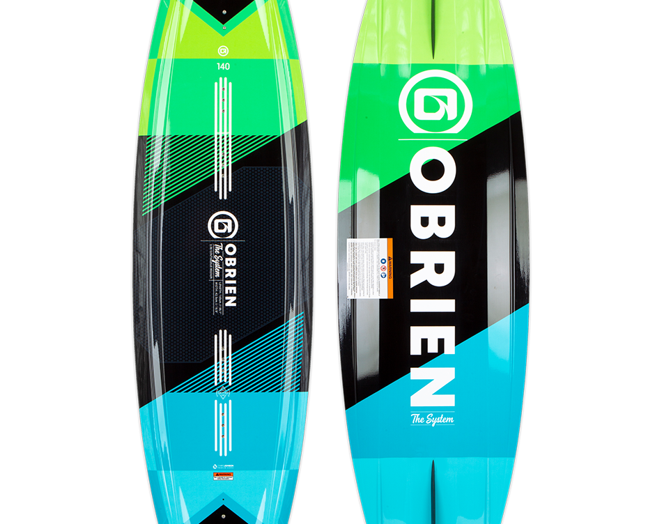 O'Brien System Wakeboard 140, top and bottom view, green, black, and blue design with bold branding and sharp edges.