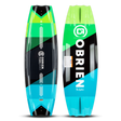 O'Brien System Wakeboard 140, top and bottom view, green, black, and blue design with bold branding and sharp edges.