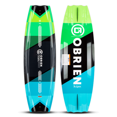 O'Brien System Wakeboard 140, top and bottom view, green, black, and blue design with bold branding and sharp edges.