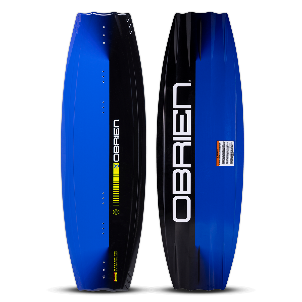 O'Brien System Wakeboard top and base view in blue and black, featuring sleek contours and bold branding.